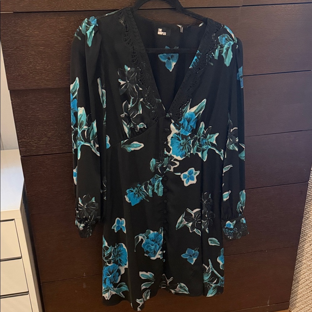 The Kooples Black Dress with Blue Floral Design size 3